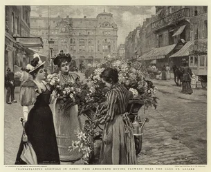 パリに大西洋を越えて到着、サンラザール駅近くで花を買う公正なアメリカ人